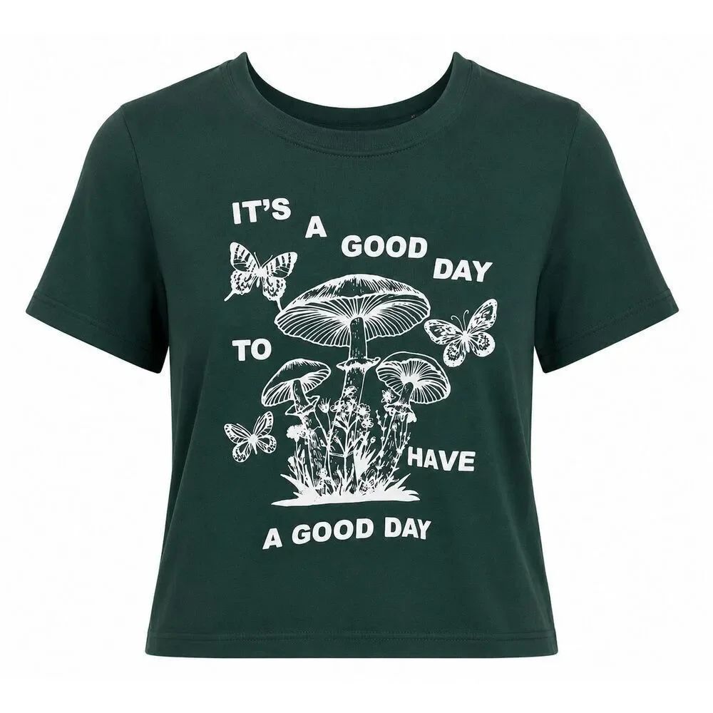 Self Esteem Cropped TShirt S Green Novelty Mushrooms Butterfly A Good Day Y2K